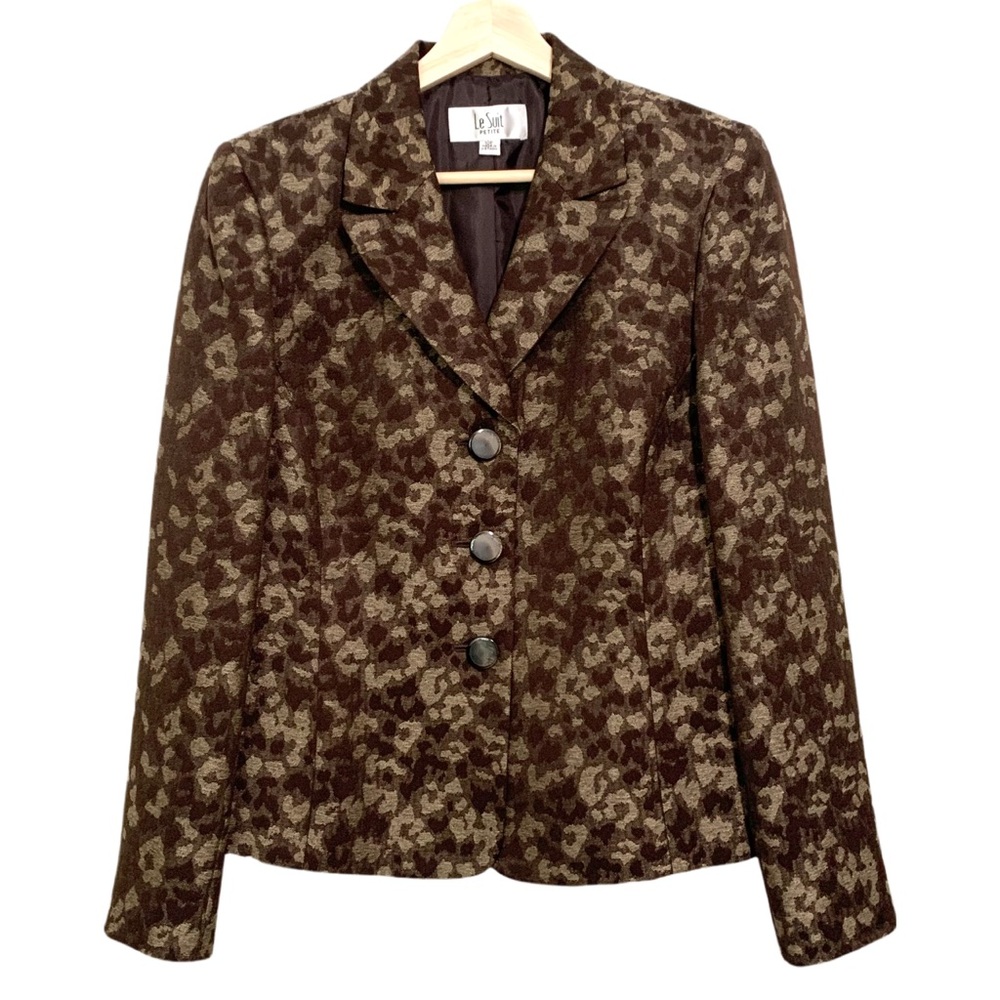 Le Suit Blazer Women's Brown/ Beige Button Front Size 10 Petite Office Career